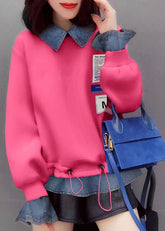Sudadera con cuello Peter Pan y parches de mezclilla en color rosa con cordón ajustable